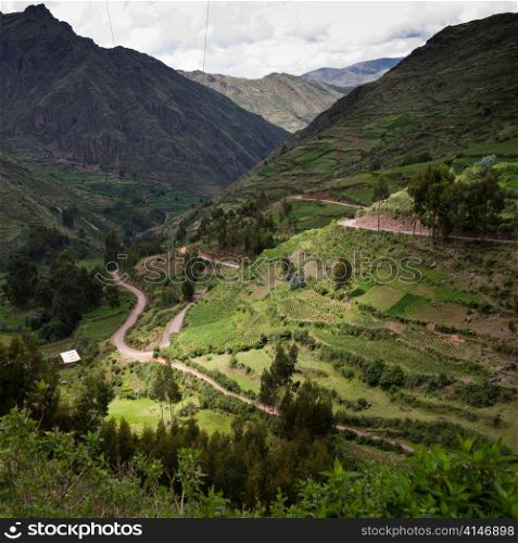 High angle view of terraced fields, Sacred Valley, Cusco Region, Peru