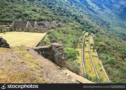 High angle view of the old ruins, Choquequirao, Inca, Cusco Region, Peru