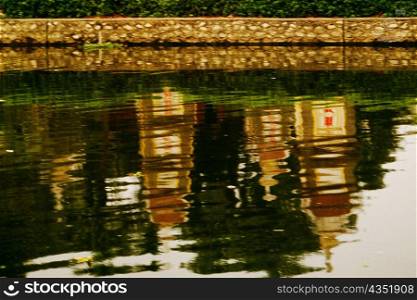 High angle view of the reflection of a building in a water
