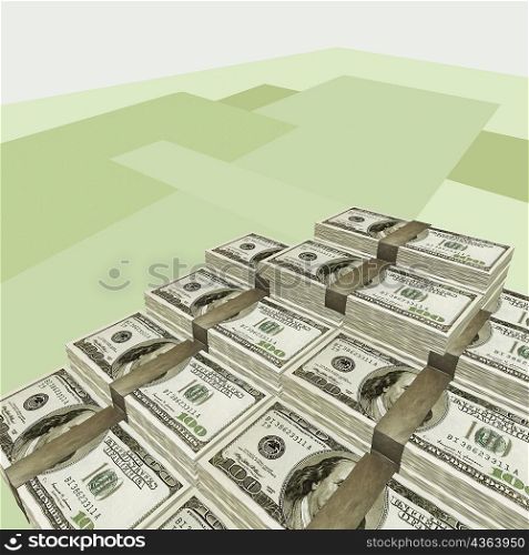 High angle view of the stack of US dollar bills