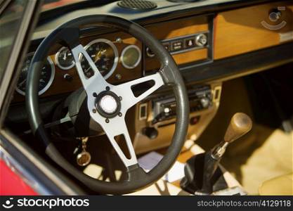 High angle view of the steering wheel of a car, Miami, Florida, USA