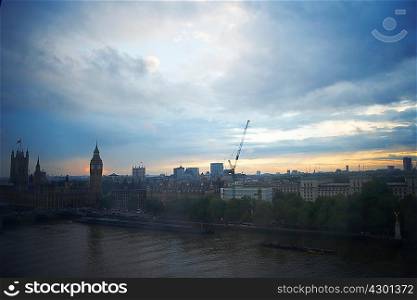 High angle view of the Thames and Westminster Palace at dawn, London, England, UK
