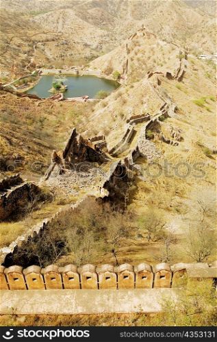 High angle view of the wall of a fort, Jaigarh Fort, Jaipur, Rajasthan, India