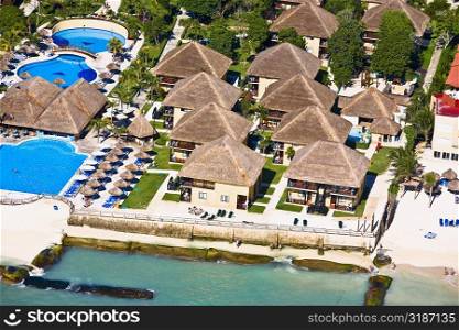 High angle view of tourist resorts on the beach, Playa Del Carmen, Quintana Roo, Mexico