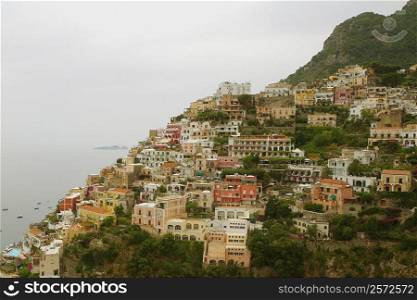 High angle view of town at the seaside, Positano, Amalfi Coast, Salerno, Campania, Italy