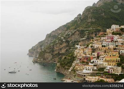 High angle view of town at the seaside, Spiaggia Grande, Positano, Amalfi Coast, Salerno, Campania, Italy