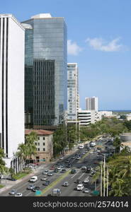 High angle view of traffic on the road, Honolulu, Oahu, Hawaii Islands, USA