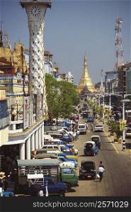 High angle view of traffic on the road, Yangon, Myanmar