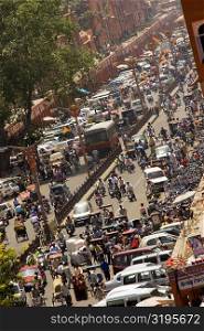 High angle view of traffic on the streets, Jaipur, Rajasthan, India