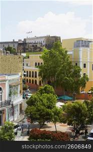 High angle view of trees in front of buildings, Old San Juan, San Juan, Puerto Rico