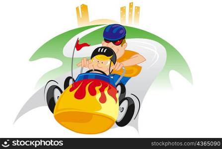 High angle view of two boys go-carting