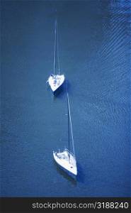 High angle view of two sail boats in the sea