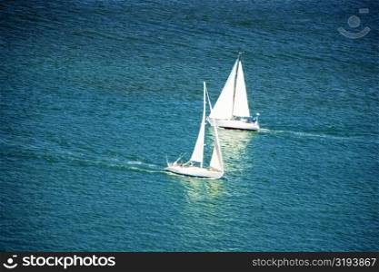 High angle view of two sailboats on the San Diego Bay, San Diego, California, USA
