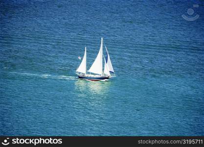 High angle view of two sailboats on the San Diego Bay, San Diego, California, USA