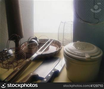High angle view of utensils in the kitchen