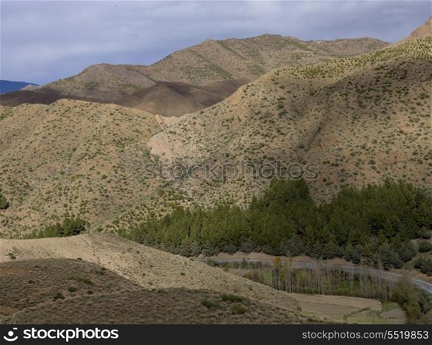 High angle view of valley with mountain pass, Tizi n&rsquo;Tichka, Atlas Mountains, Morocco