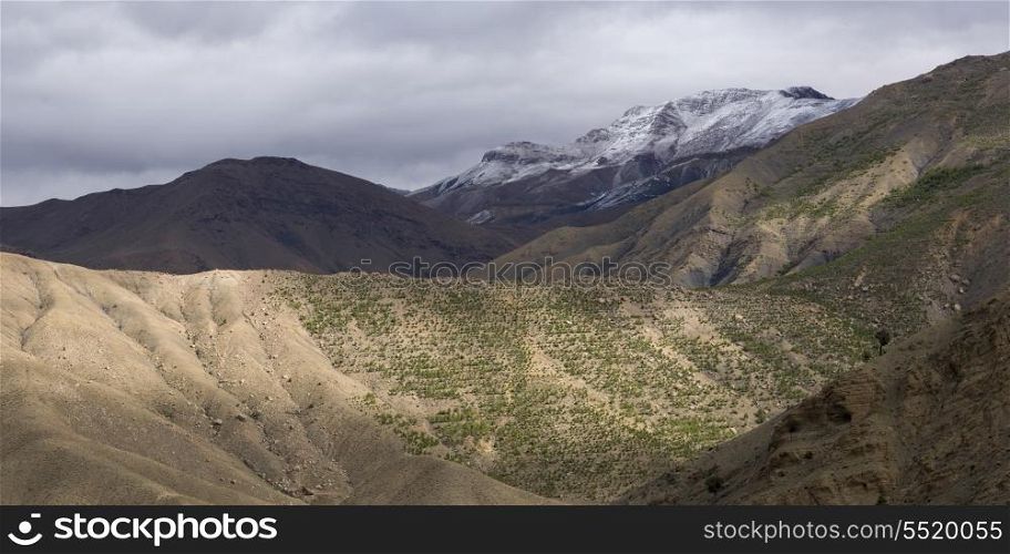 High angle view of valley with mountain pass, Tizi n&rsquo;Tichka, Atlas Mountains, Morocco