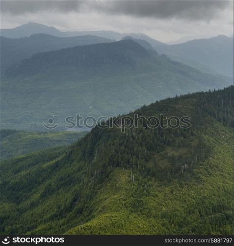 High angle view of valley with mountains, Skeena-Queen Charlotte Regional District, Haida Gwaii, Graham Island, British Columbia, Canada