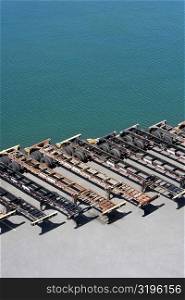 High angle view of vehicle trailers at a commercial dock