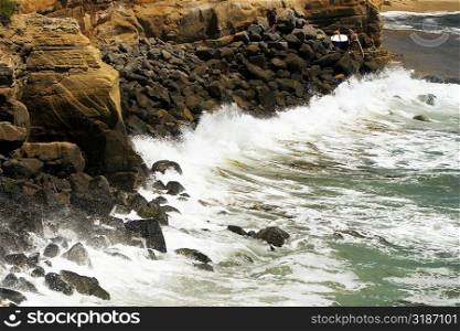High angle view of waves crashing on a rock formation, Coronado Reefs, San Diego, California, USA