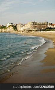 High angle view of waves on the beach, Grande Plage, Hotel du Palais, Biarritz, France