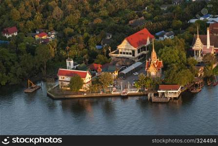 High angle view overlooking Bang Krachao temple outside the Chao Phraya River