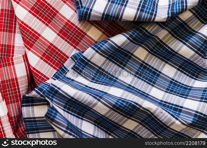 high angle view red blue chequered pattern fabric