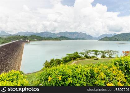 High angle view scenic point of green lake at Ratchaprapha Dam in Khao Sok National Park, Surat Thani Province, Thailand