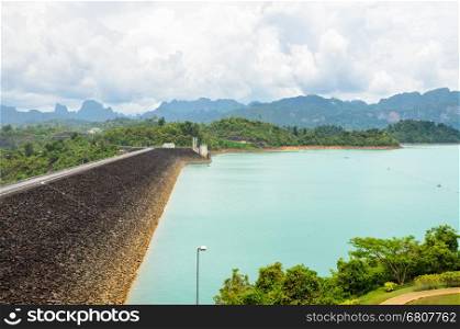 High angle view scenic point of green lake at Ratchaprapha Dam in Khao Sok National Park, Surat Thani Province, Thailand