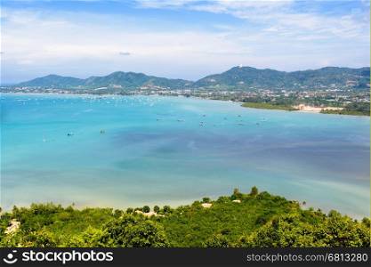 High angle view sea sky and seaside tourist town of Ao Chalong bay from Khao-Khad mountain viewpoint famous attractions in Phuket island, Thailand