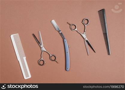 high angle view various barber tools row