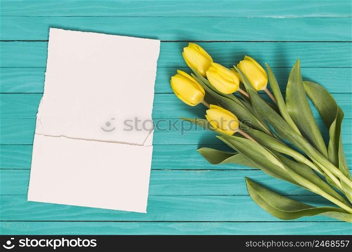 high angle view yellow tulip flowers with white blank paper green desk