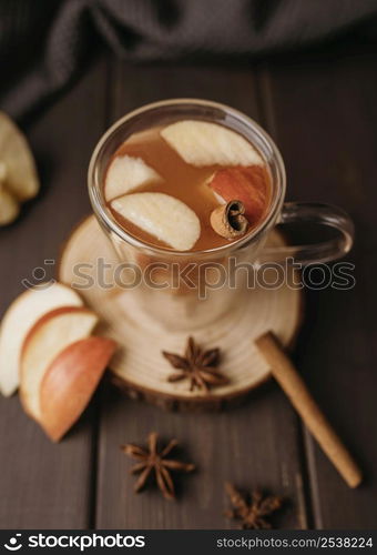 high angle winter hot drink glass with apple cinnamon