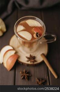 high angle winter hot drink glass with apple cinnamon