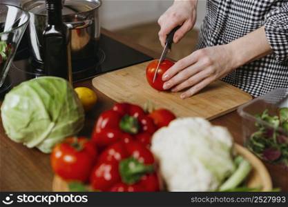 high angle woman preparing food kitchen