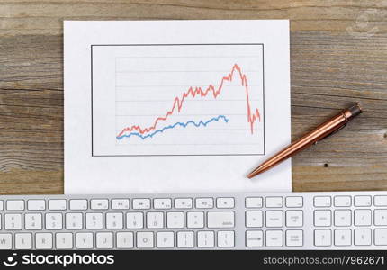 High angled view of line graph, old pen and computer keyboard on rustic desktop.