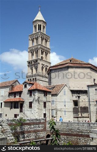 High bell tower and old cathedral in Split, Croatia