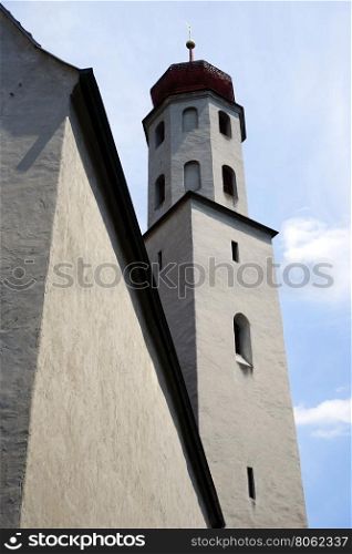 High bell tower of church in Feldkirch in Austria
