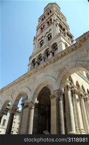High bell tower of old cathedral in the center of Split, Croatia