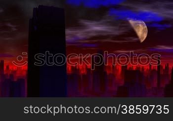High buildings are shrouded by a red shone fog. In the night sky a planet (moon), stars. White and dark blue clouds float.