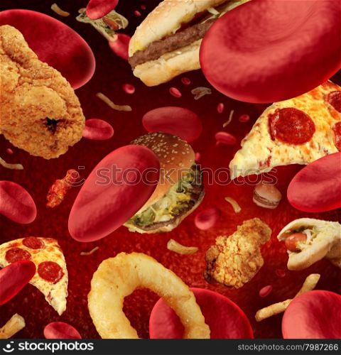 High cholesterol medical concept with a human blood vessel or blocked artery that is clogged by unhealthy food as hamburgers and fried foods as a health risk or dieting and nutrition problems as eating fat.