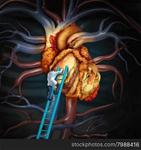 High Cholesterol treatment and medical therapy as a doctor on a ladder cleaning a problem heart made of greasy fast food or a surgeon removing fat buildup in a clogged human organ as a symbol of atherosclerosis disease health treatment.