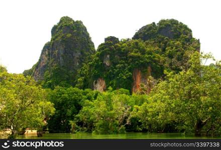 High cliffs on the tropical island. Exotic tropical landscape.