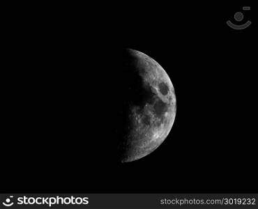 High contrast First quarter moon. High contrast First quarter moon seen with an astronomical telescope