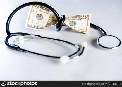 High cost of medical health with stethoscope. Stethoscope wrapped around money isolated, Stethoscope tied with dollar bills