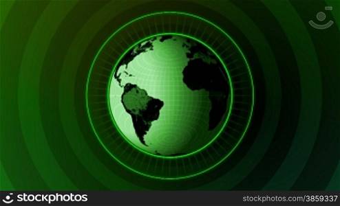 High definition animated background loop of a revolving green globe with radial green emissions.