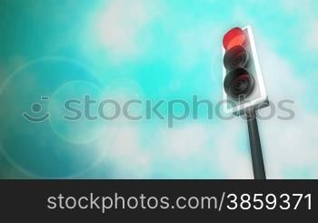 High definition animated loop of a computer generated traffic light cycling through red, red and amber, green, amber. A subtle cloudy blue sky loops in the background.