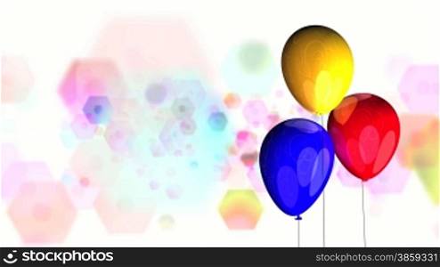 High definition animated loop of brightly coloured balloons spinning over a multicoloured glitter background.