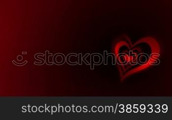 High definition animated loop of three dimensional heart graphics over a dark red abstract background.