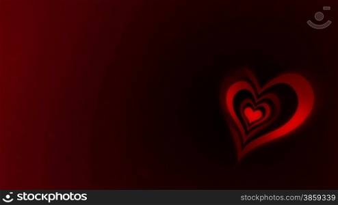 High definition animated loop of three dimensional heart graphics over a dark red abstract background.